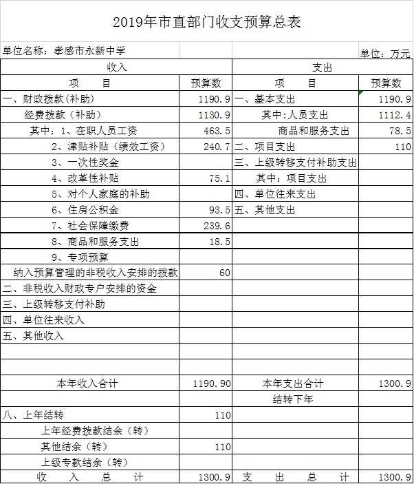 2019年市直部門(mén)收支預(yù)算總表（永新中學(xué)）